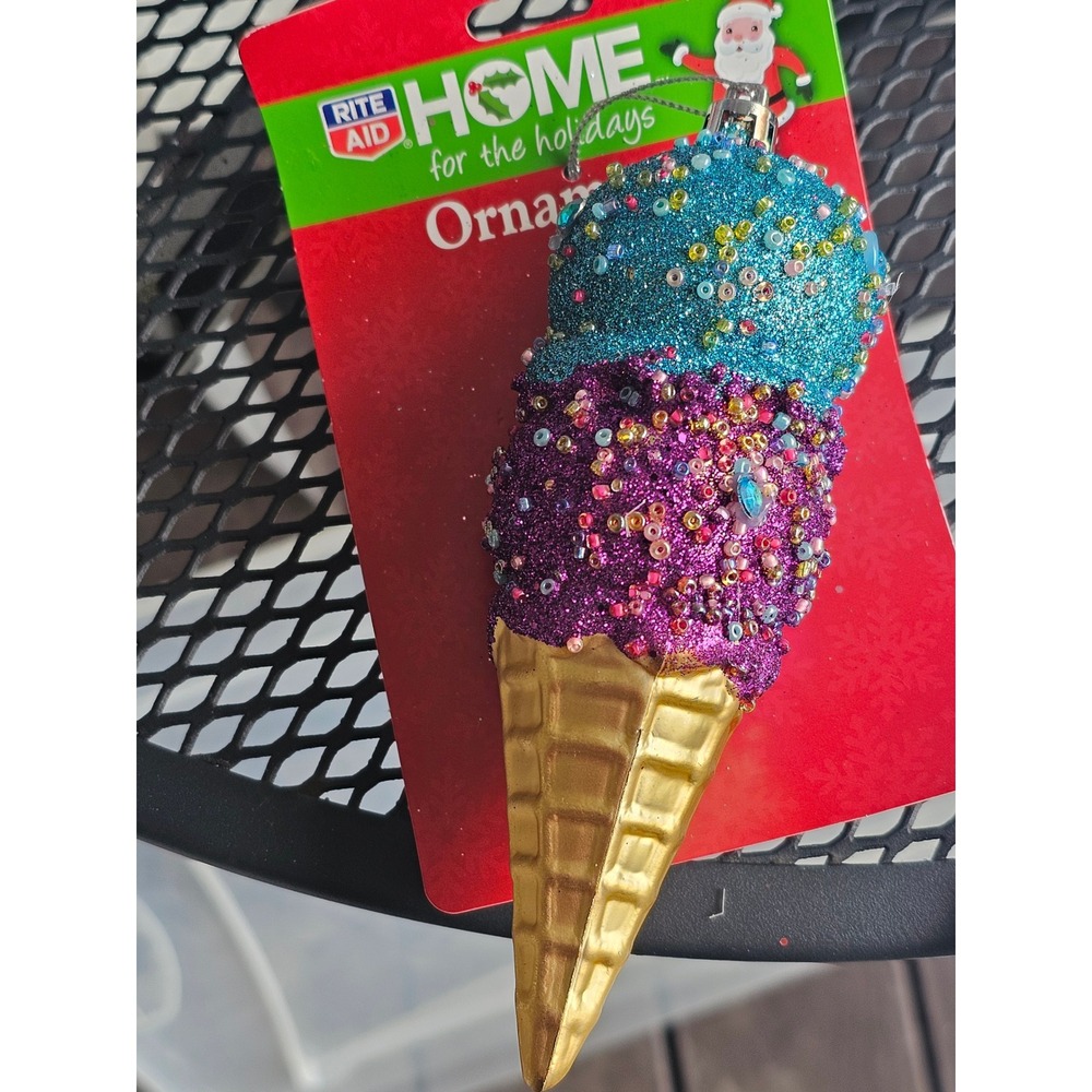 Rite Aid Home Ice Cream Cone Christmas Ornament Glitter Beaded Teal Purple Gold